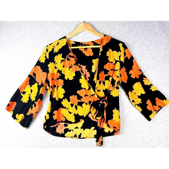 TopShop Crop Blouse Womens 4 Black Tropical Wrap Front Boho Office Top - Picture 4 of 15